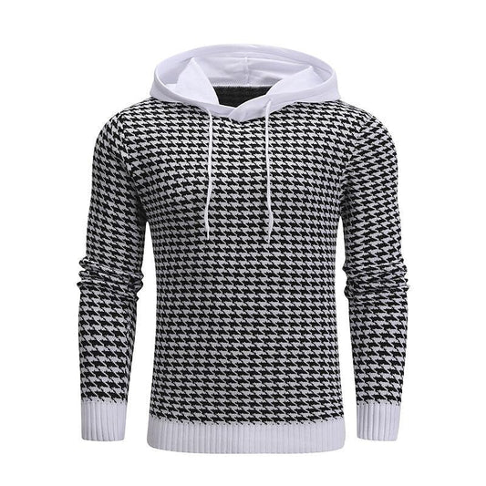 Men's Pullover Jacquard Houndstooth Hooded Sweater Basic Vintage Style