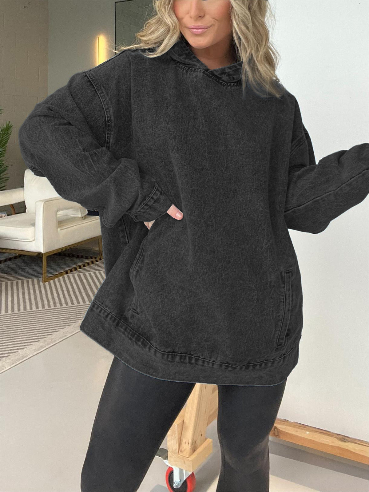 Denim Hooded Sweatshirt with Front Pockets (Buy 2 Free Shipping)
