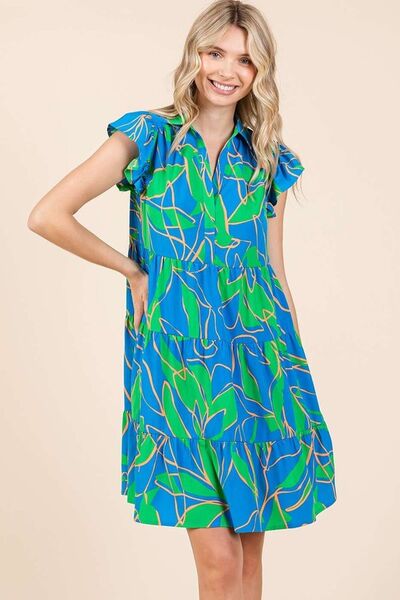 Mittoshop Leaf Print Ruffle Sleeve Tiered Mini Dress