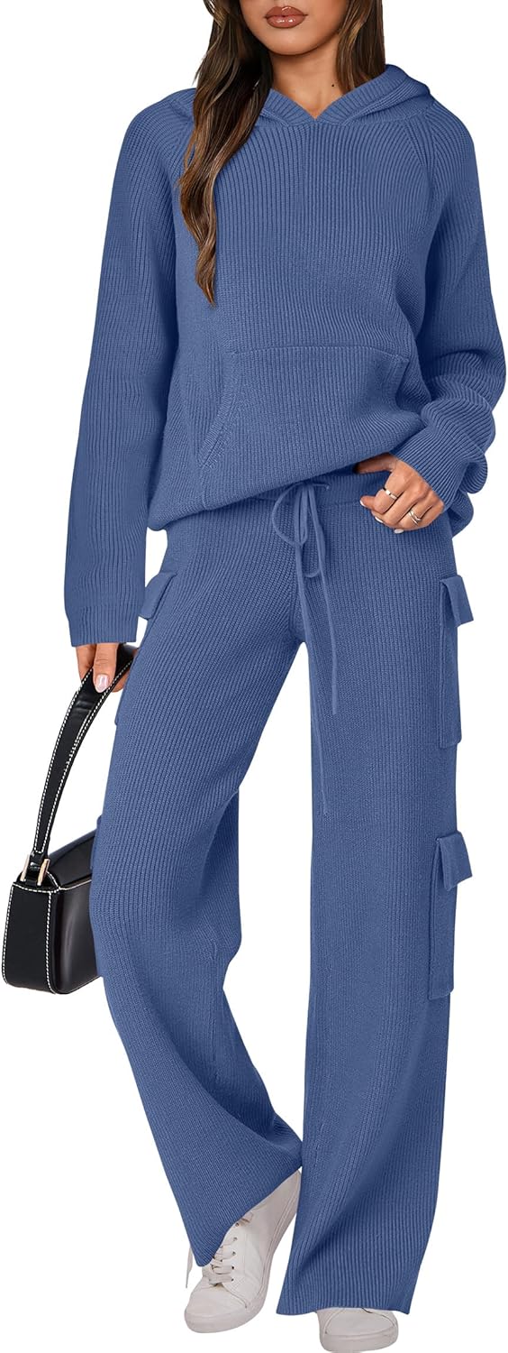 🎄Christmas Clearance 🔥 Women’s Two Piece Outfits Casual Knit Hooded Sweater Straight Leg Pants Set