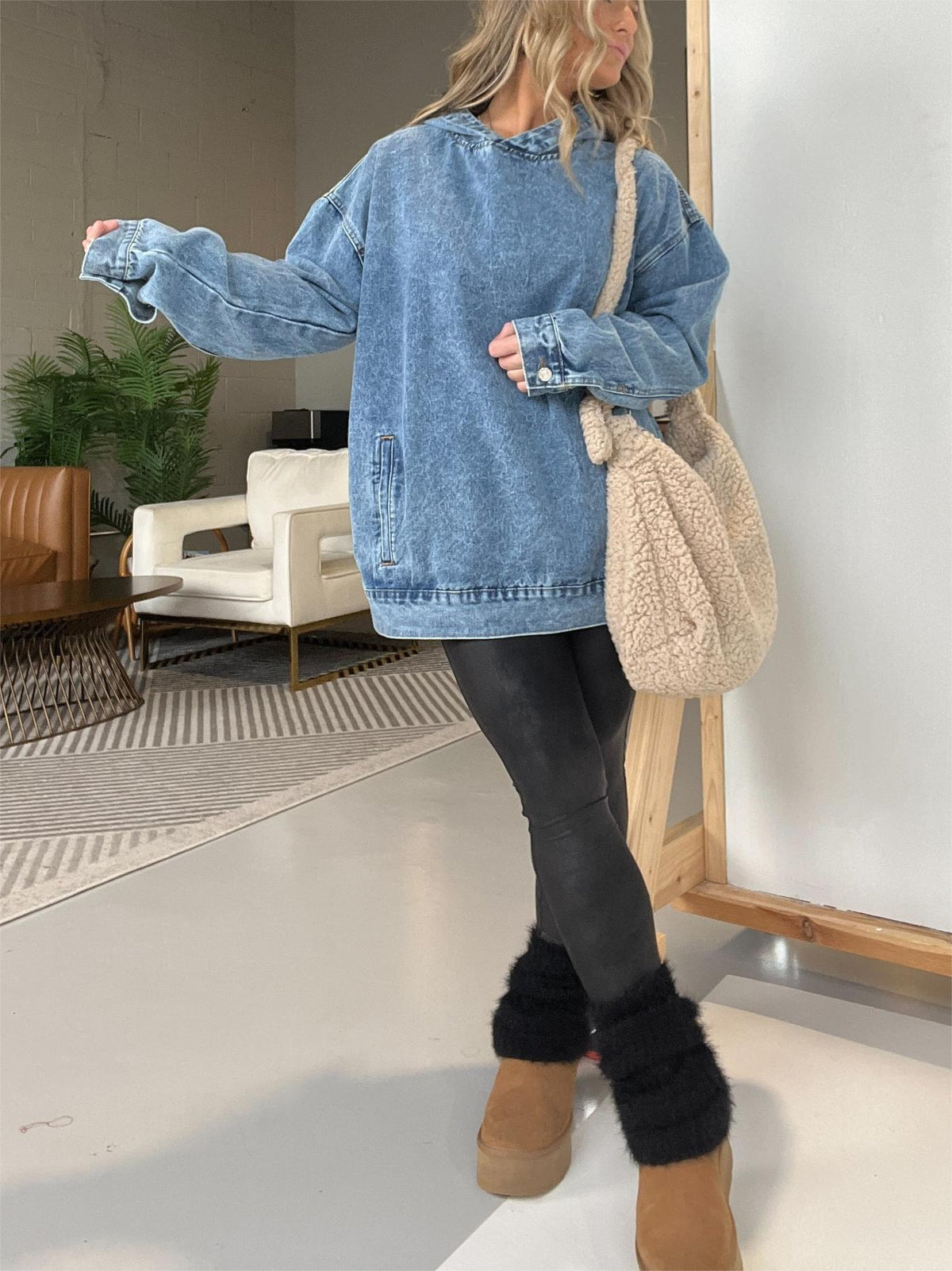 Denim Hooded Sweatshirt with Front Pockets (Buy 2 Free Shipping)
