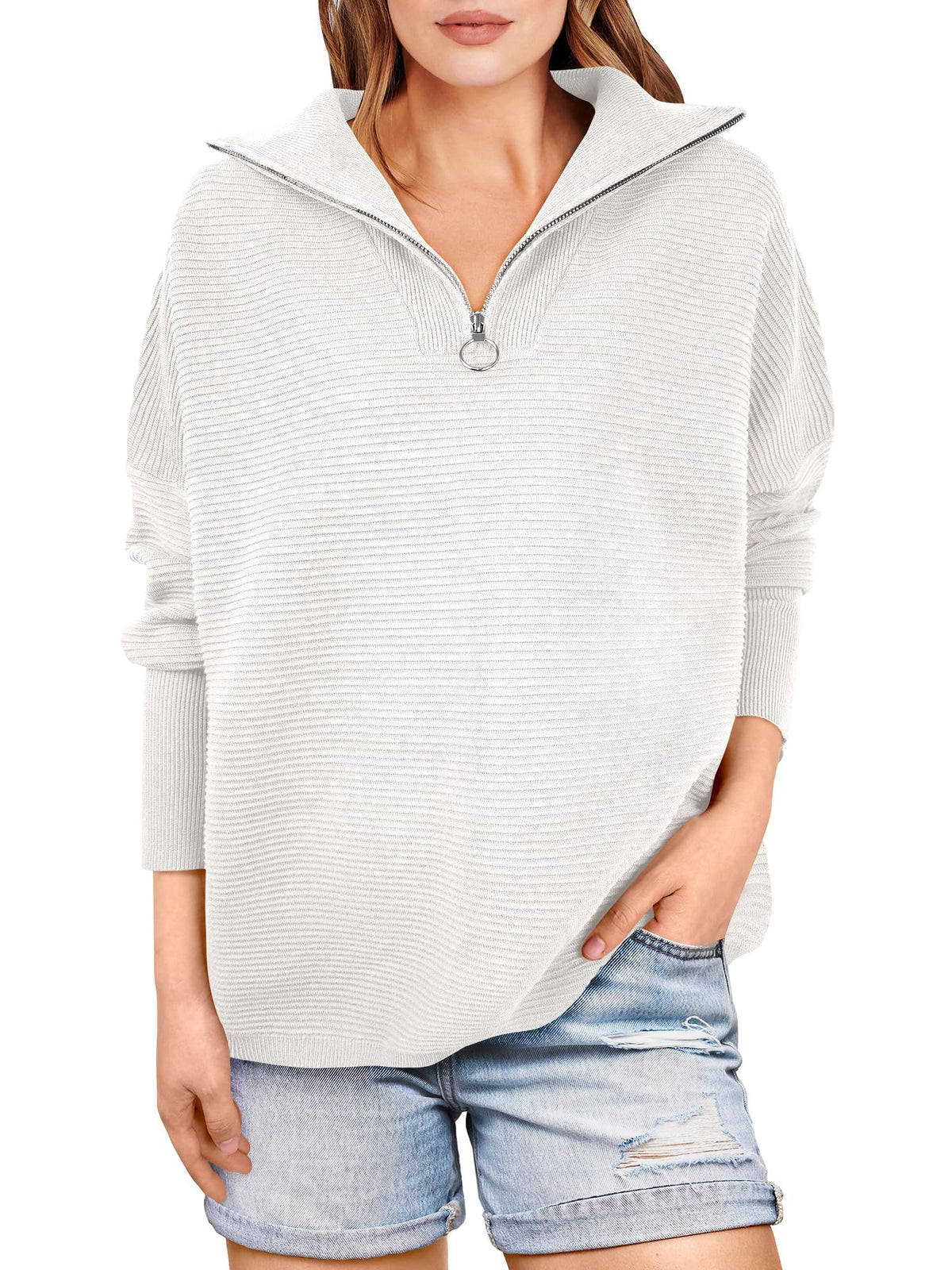 Women's Quarter Zip Rib Knit Cozy Pullover Sweaters  (Buy 2 Free Shipping)