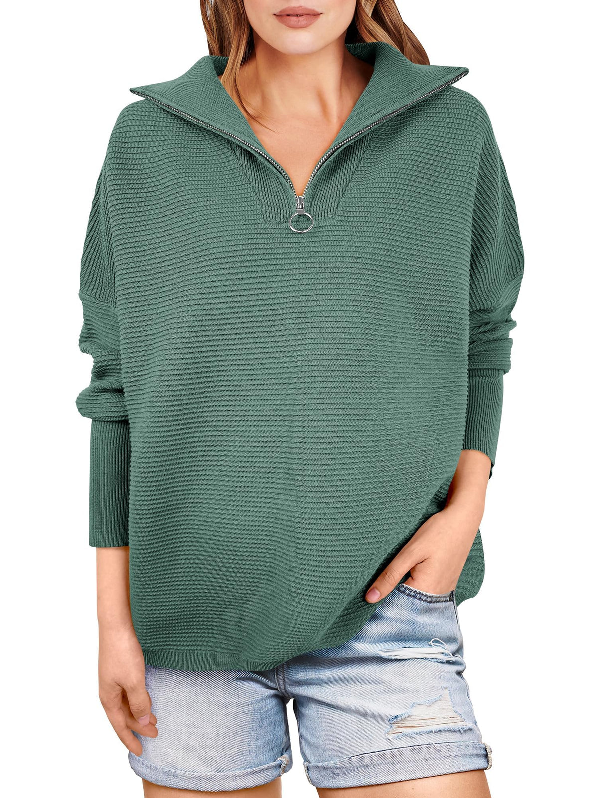 Women's Quarter Zip Rib Knit Cozy Pullover Sweaters  (Buy 2 Free Shipping)