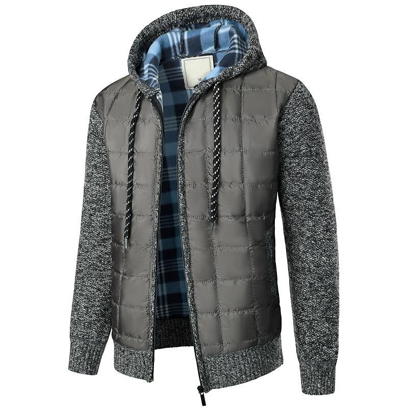 Men's Fleece Padded Patchwork Zipper Hooded Cardigan