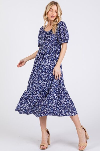Ces Femme Floral Square Neck Puff Sleeve Midi Dress