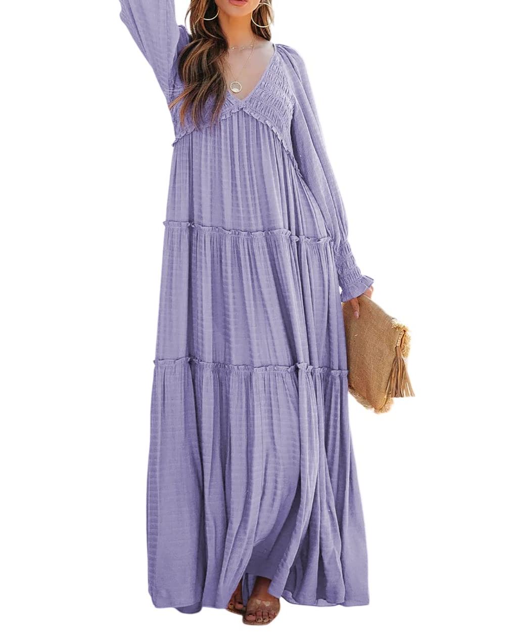 Women's Long Sleeve V Neck Boho Flowy Maxi Dresses (Buy 2 Free Shipping)