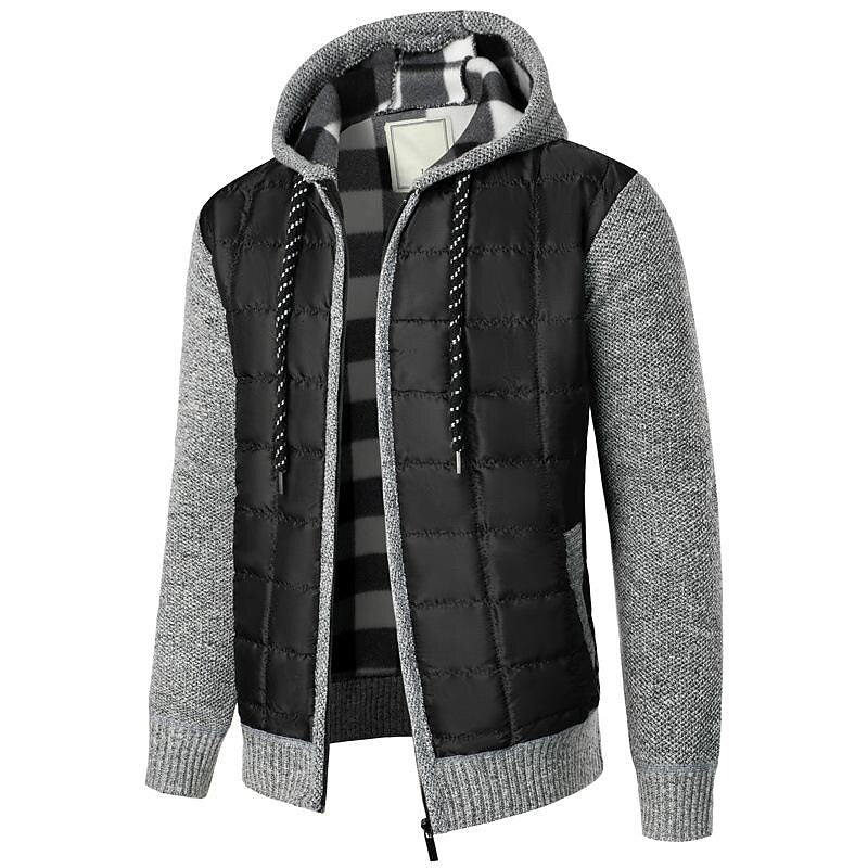 Men's Fleece Padded Patchwork Zipper Hooded Cardigan